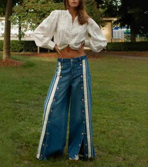Women's Side Snap-Button Wide-Leg Jeans