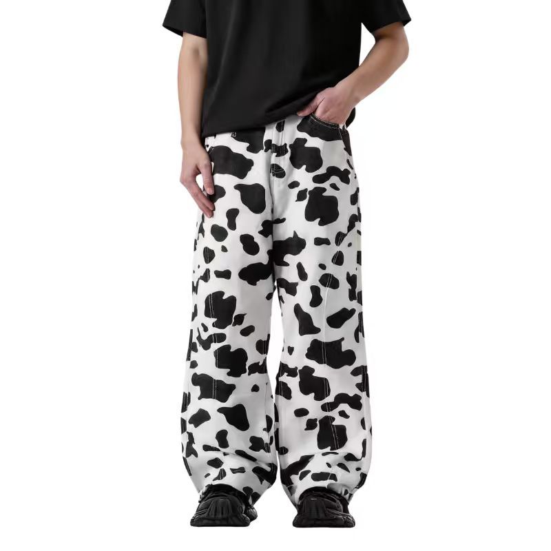 American Streetwear Unisex Cow-Print Wide-Leg Jeans