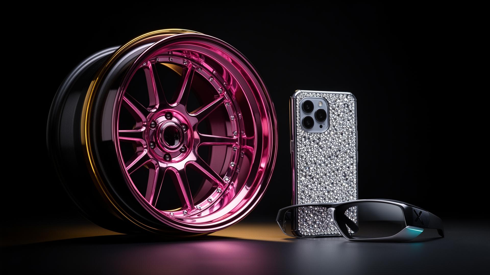 Forged pink wheel, bling phone case and smart glasses